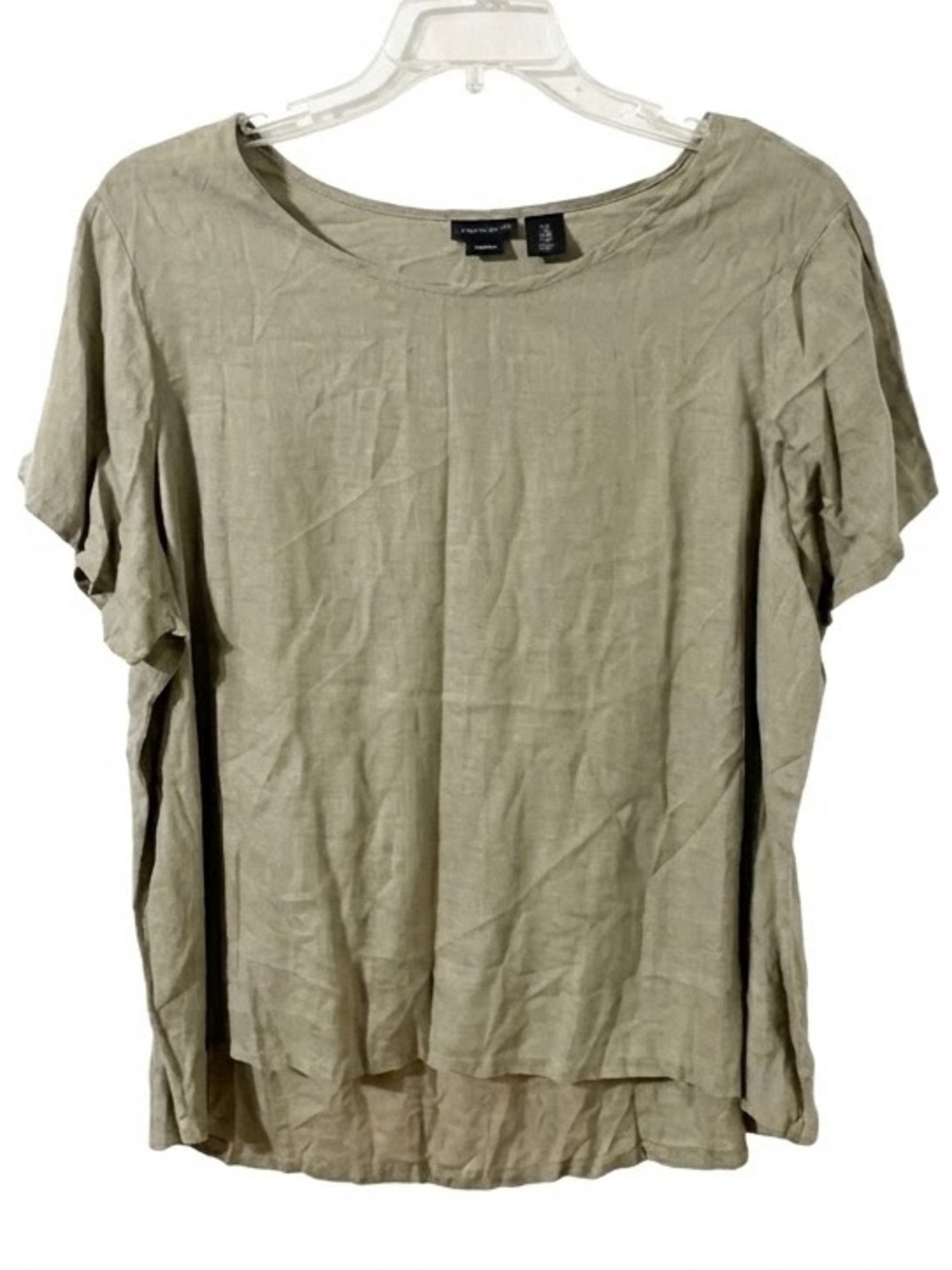 Tahari 100% Linen Olive Green Short Sleeve Scoop Neck Blouse Hi-Lo Hem Size 1X